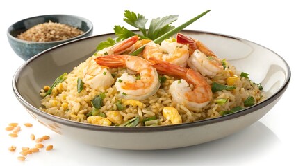 Delicious shrimp fried rice with garnish isolated on white background