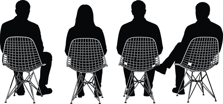 Back view silhouette of diverse professional people sitting on wire mesh eames style chairs in a row for business meeting seminar or minimalist presentation