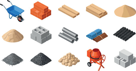 Construction materials and building equipment collection including bricks, sand, cement mixer, pipes, wood planks and wheelbarrow, industrial supplies vector set for engineering and construction