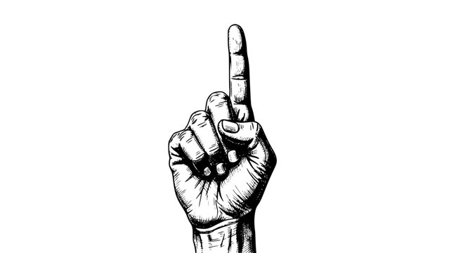 Hand with middle finger raised in monochrome illustration with detailed shading featuring gesture, rude, obscene with