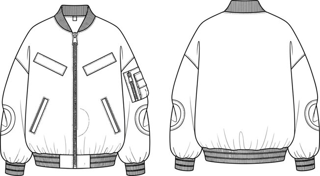 Bomber jacket technical flat sketch vector illustration featuring front and back views with utility pockets rib knit cuffs and zip up detail for fashion design tech packs