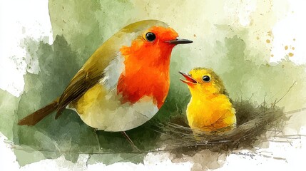 Fototapeta premium Parent Bird and Chick in Nest with Soft Watercolor Background