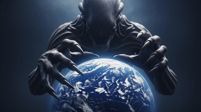 Mysterious Alien Figure Holding Earth in Its Claws Dark and Eerie Atmosphere