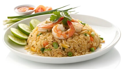 Delicious shrimp fried rice served on a white plate isolated on white background