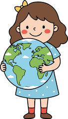 Cute girl hugging earth globe eco education flat vector illustration