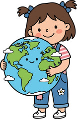 Cute girl hugging earth globe eco education flat vector illustration