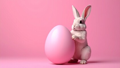 Fototapeta premium White rabbit holding pink egg on pink background.