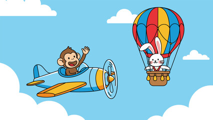 Waving monkey in a light blue airplane greets a cute white rabbit floating nearby in a colorful striped hot air balloon.