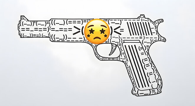 A simple line art drawing of a Japanese emoticon holding a toy gun