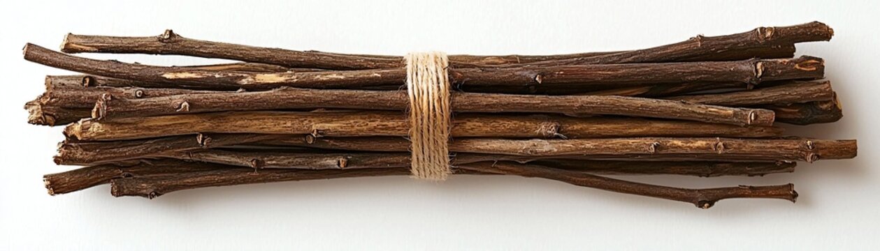 Bundled Twigs Tied with Natural String on White Background