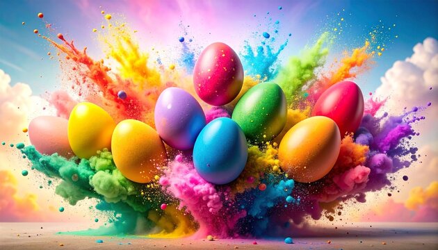 Easter eggs with colorful powder explosion in sky.