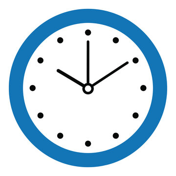 Blue and white clock face with black dots and hands icon