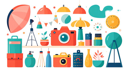 Camera and Equipment Set on Shelf &ndash; Flat Vector Illustration of Photography Studio Gear
