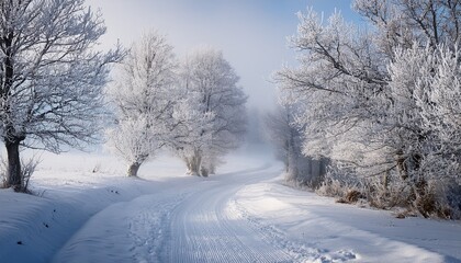 Fototapeta premium Winding Snowy Path Through Frosted Trees In A Misty Landscape