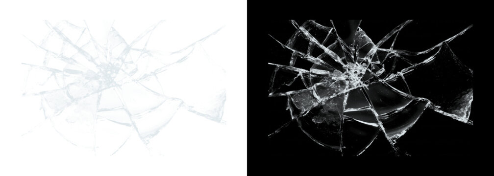 Cracked glass shattered screen on white and black backgrounds
