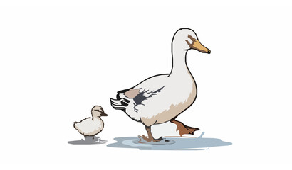 Obraz premium Hand Drawn Mother Duck and Duckling Walking Together in Water Puddle Vector Illustration