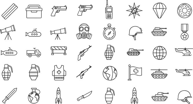 Hand Drawn Military Equipment Icon Set with Weapons Tanks Grenades Helmets and Tactical Gear Outline Vector Collection