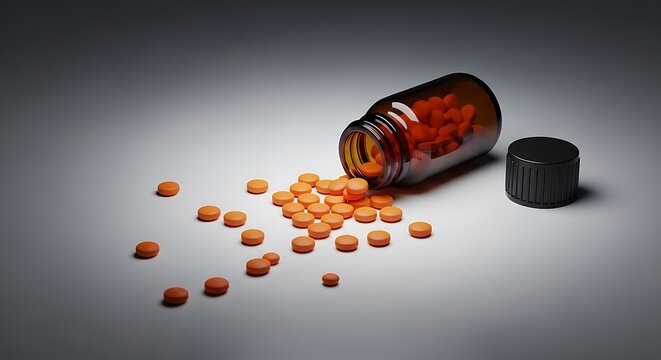 Spilled capsules from an overturned medication bottle on a flat surface