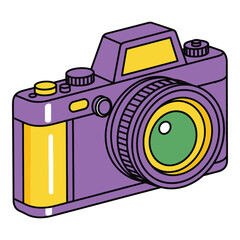 Purple cartoon camera with yellow accents and green lens icon