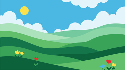 Obraz premium Vibrant Spring Landscape Background for Commercial Use | Green Hills & Tulips