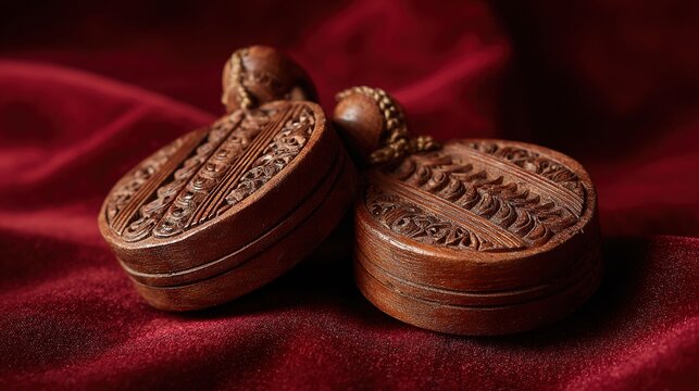 castanets. A pair of intricately carved wooden castanets resting on a rich red velvet fabric in close view. event programs, museum guides, designed for cultural heritage projects and event programs.