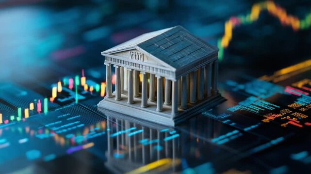 Digital bank building concept on futuristic technology background
Financial institution symbol with glowing modern interface Business banking technology innovation theme 4K HD Video