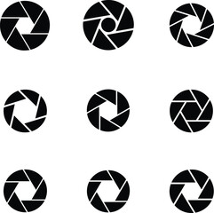 Camera shutter icons, aperture symbols, photography pictograms, vector silhouette set, circular lens design, visual media elements, digital graphic art