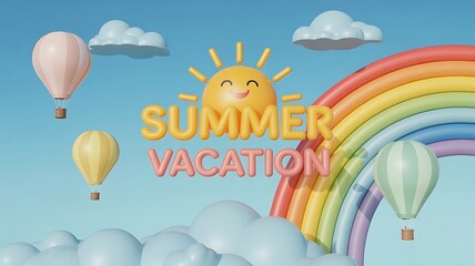 Naklejka premium Cheerful 3D of a summer vacation scene with hot air balloons and a rainbow