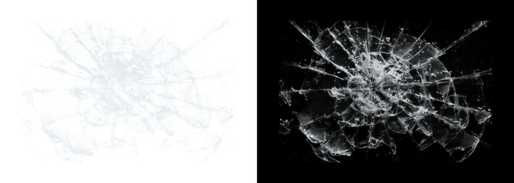 Shattered glass fragments on black and white backgrounds