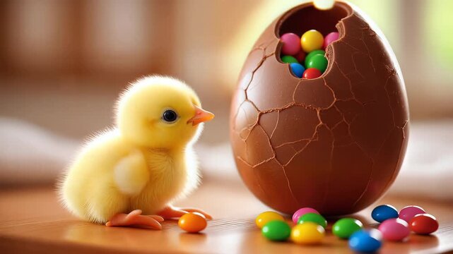 Cute yellow chick beside a broken chocolate Easter egg with colorful candies.