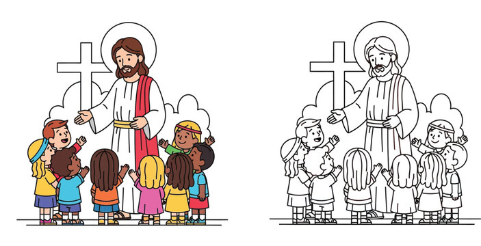 Jesus and Children Coloring Page - Welcoming Diverse Kids with Open Arms, Religious Education & Outreach.