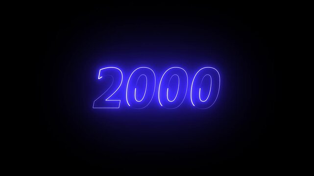 2000 neon line text. Abstract 2000 neon text animation ,For neon color Glowing neon number text background 4k video animation . 2000 title metal text on glowing text animation black background