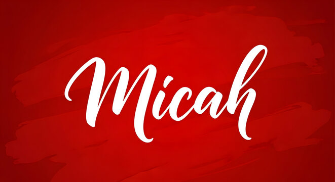 A beautiful white brush calligraphy of the female name Micah displayed elegantly against a vibrant red textured background