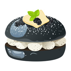 Miniature black slider with creamy filling topped with fresh blackberries and green mint leaf for elegant dessert catering options - Vector Illustration © powdesign