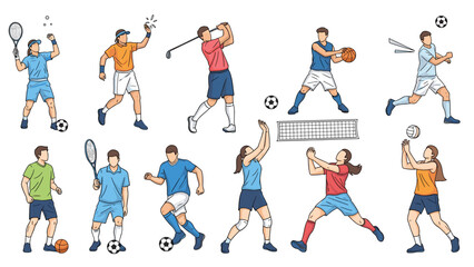 Naklejka premium Action set of male and female athletes participating in various sports including tennis, soccer, basketball, golf, and volleyball.