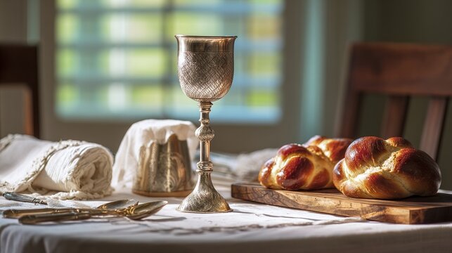 kiddush. A Shabbat table set with a white linen cloth, silver cup, and braided challah bread, warm ambient light. event programs.