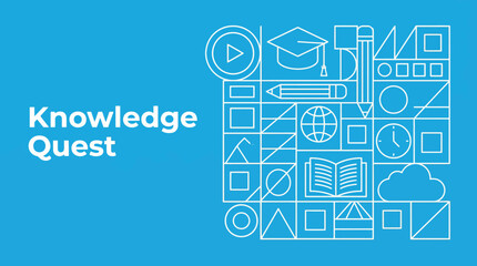 Knowledge Quest: blue background with white line-art education icons illustrating learning, exploration, and digital knowledge.