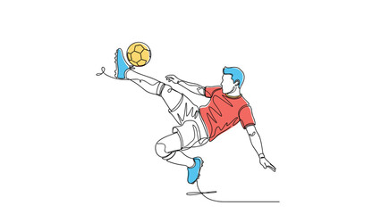 Obraz premium Dynamic continuous one line drawing of a soccer player performing an athletic overhead bicycle kick with a gold ball.