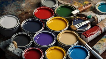 Artist&rsquo;s Palette: Open Paint Cans in Vibrant Colors with Used Brushes on Rustic Workbench &mdash; Creative Process, Art Studio Authenticity