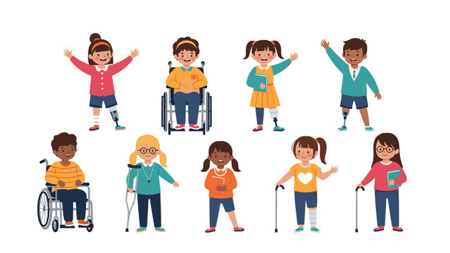 Inclusive group of children with various physical disabilities shown smiling and active to promote diversity, equality, and social representation.