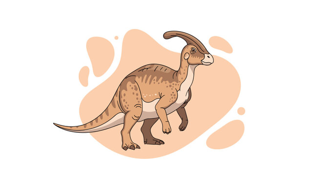 Detailed illustration of a parasaurolophus dinosaur with its distinctive head crest shown walking against a simple abstract background.