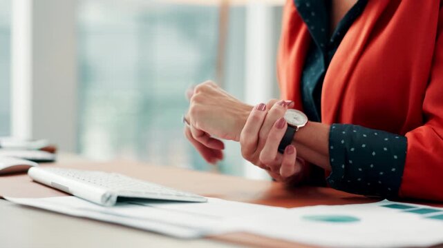 Woman, hands or typing with wrist pain in office for strain, overworked or pressure on desk. Female person, employee or sore arm on keyboard for carpal tunnel syndrome, joint injury or muscle tension