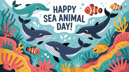 Obraz premium Vibrant ocean scene with dolphins sea creatures and coral on sea animal day