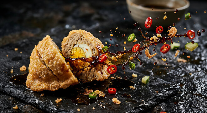 Pempek cut open with cuko sauce splashing outward