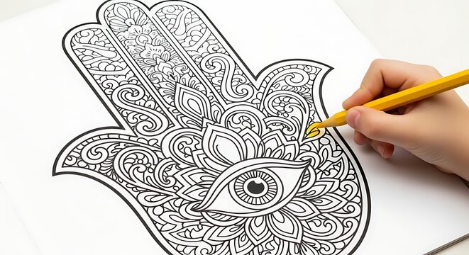 A hand drawing a hamsa with an eye