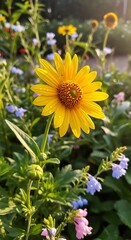 Obraz premium A bright yellow flower amidst colorful blooms in a lush garden