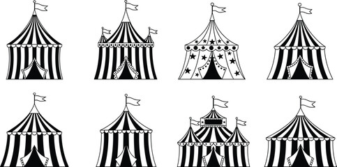 Circus tent outline icons vector set with carnival big top tents line art illustration © Rubya