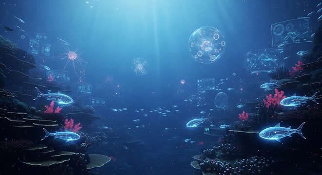 A dark blue underwater scene with glowing blue fish and pink coral