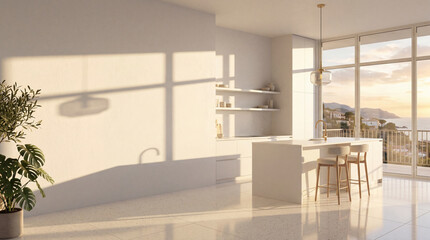 Fototapeta premium elegant contemporary white room kitchen room interior ,Color of the Year 2026 – Cloud Dancer ,copy space .3D render