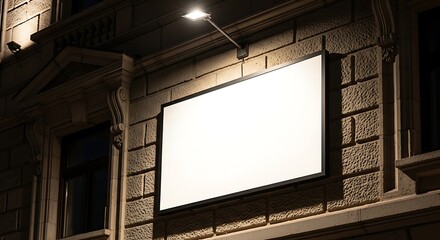Fototapeta premium Illuminated Blank Signboard on Brick Wall at Night - Awaiting Advertisement.